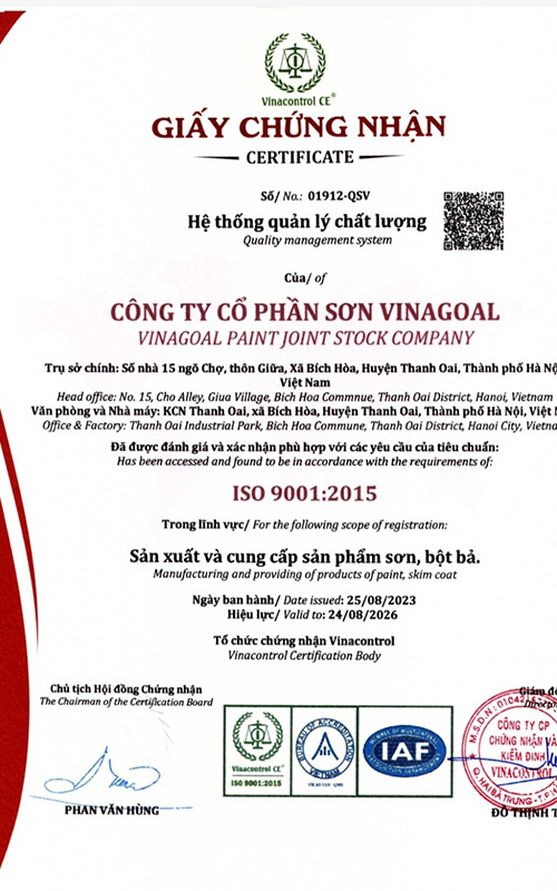 giấy chứng nhận chất lượng sơn vinagoal