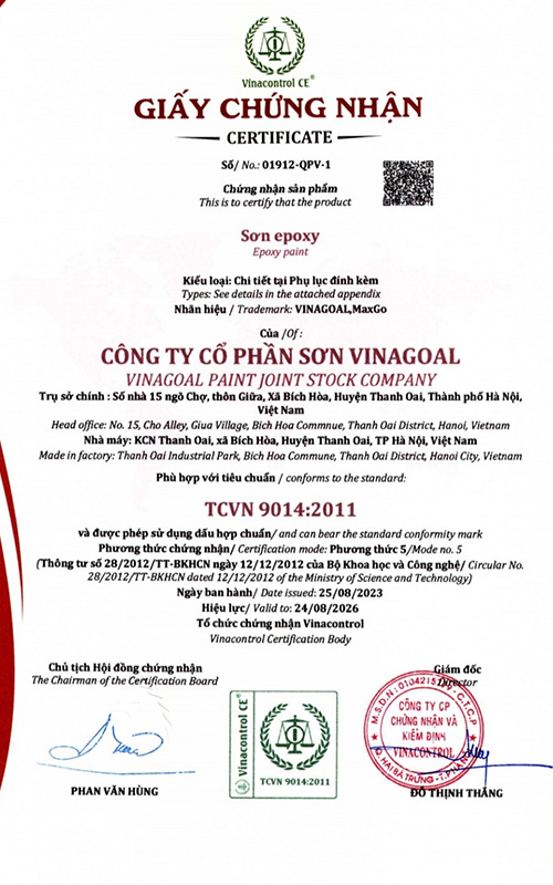 giấy chứng nhận chất lượng sơn vinagoal